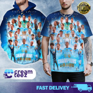 3D Tshirt and Hoodie Manchester City Is Premier League Champions History Makers 4-In-A-Row 2020-21 2021-2022 2022-23 2023-2024 All Over Print