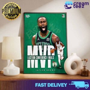 Jaylen Brown of Boston Celtics  wins the Larry Bird Trophy for 2024 Eastern Conference Finals MVP 2 Print Art Poster and Canvas