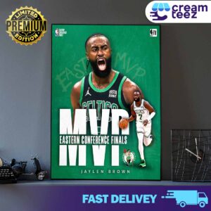 Jaylen Brown of Boston Celtics  wins the Larry Bird Trophy for 2024 Eastern Conference Finals MVP 2 Print Art Poster and Canvas