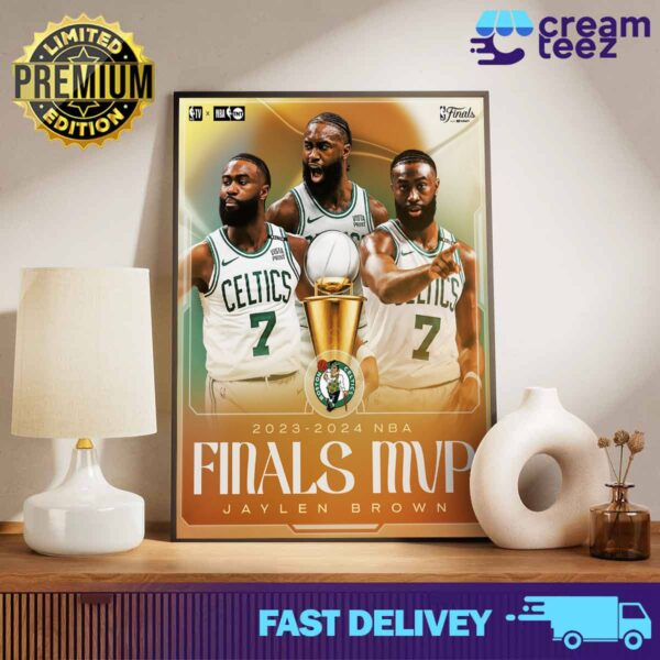 Jaylen Brown Finals MVP and official championship for the 2023-2024 NBA champion basketball club of the Boston Celtics Print Art Poster and Canvas