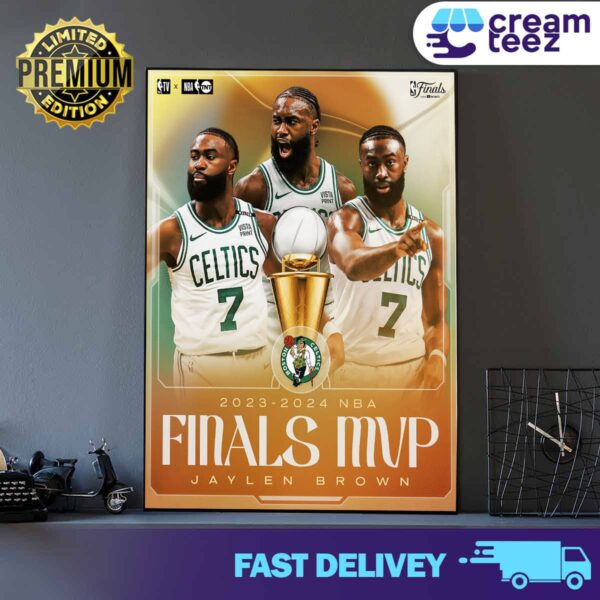 Jaylen Brown Finals MVP and official championship for the 2023-2024 NBA champion basketball club of the Boston Celtics Print Art Poster and Canvas