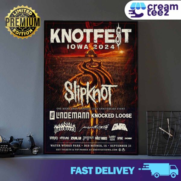 KNOTFEST IOWA Returns September 21, 2024 Featuring Slipknot, Till Lindemann, Knocked Loose Special One Night Only 25th Anniversary Event at Water Works Park in Des Moines, IA, Merchandise Poster limited art printing Print Art Poster And Canvas